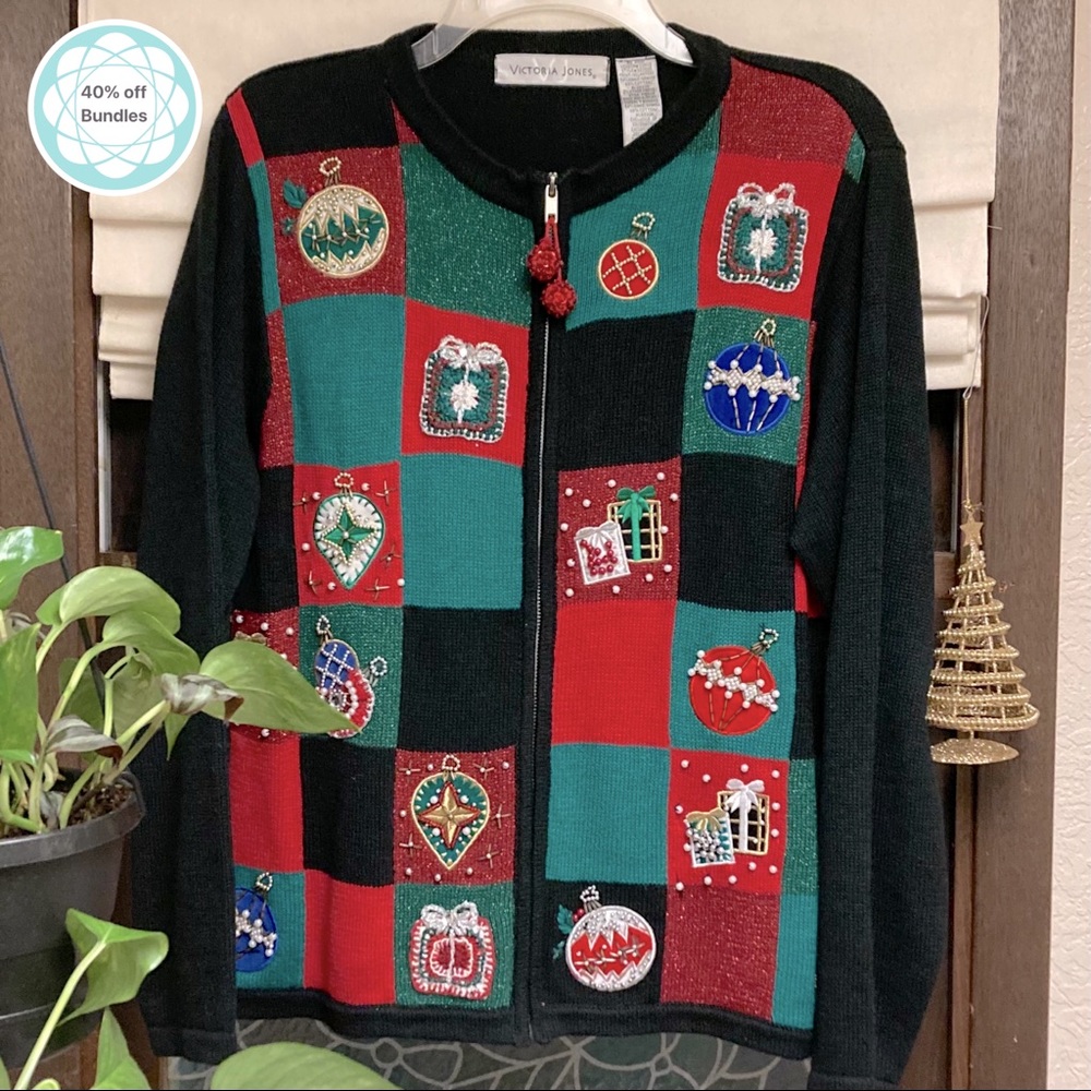 Vintage not-ugly beaded & embroidered zip Christmas cardigan sweater, medium